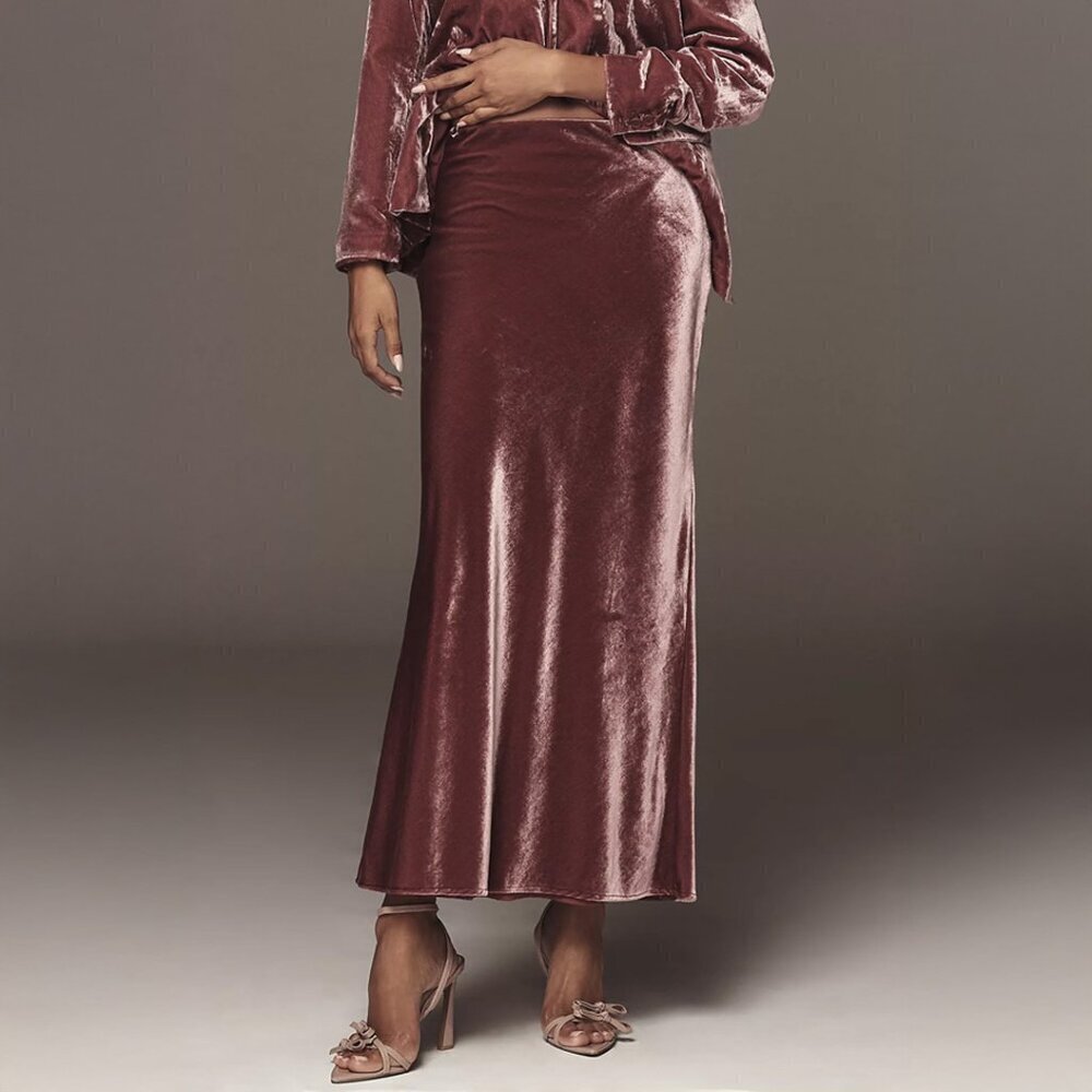 NWT$138 Anthropologie Velvet Tilda Maxi Slip Skirt Mauve Rose Whimsigoth Sz LP
